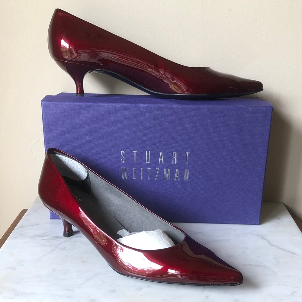 Stuart Weitzman Tinto Quasar Crimson Patent Leather Pointed-Toe Kitten Heels